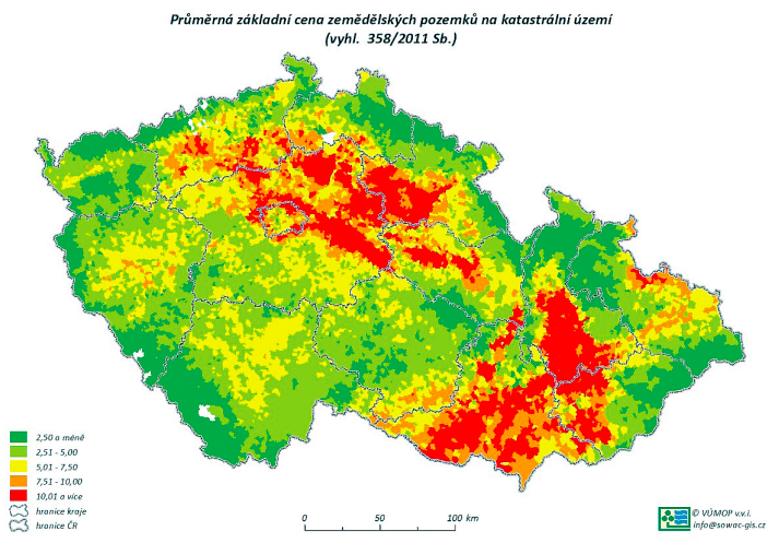 Mapa cen půdy podle BPEJ ČR